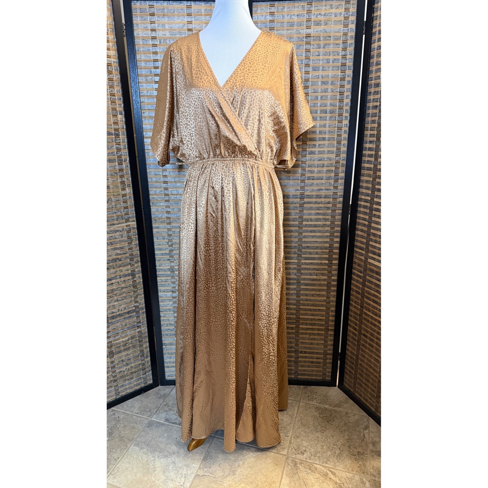 Baltic Born Maxi Dress Women XL Gold Leopard Jacquard Satin Wrap V-Neck Pockets